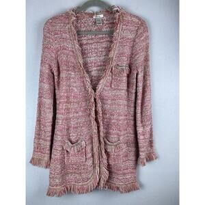Vintage Cache Sz S Pink Boucle Tweed Fringe LS Front Hook Chain Pockets Jacket